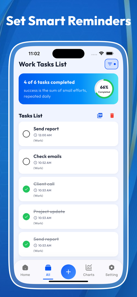 Daily Checklist & To-Do Task - Interfaz de la aplicación Daily Checklist que muestra una lista de tareas de trabajo y un rastreador de progreso de finalización.