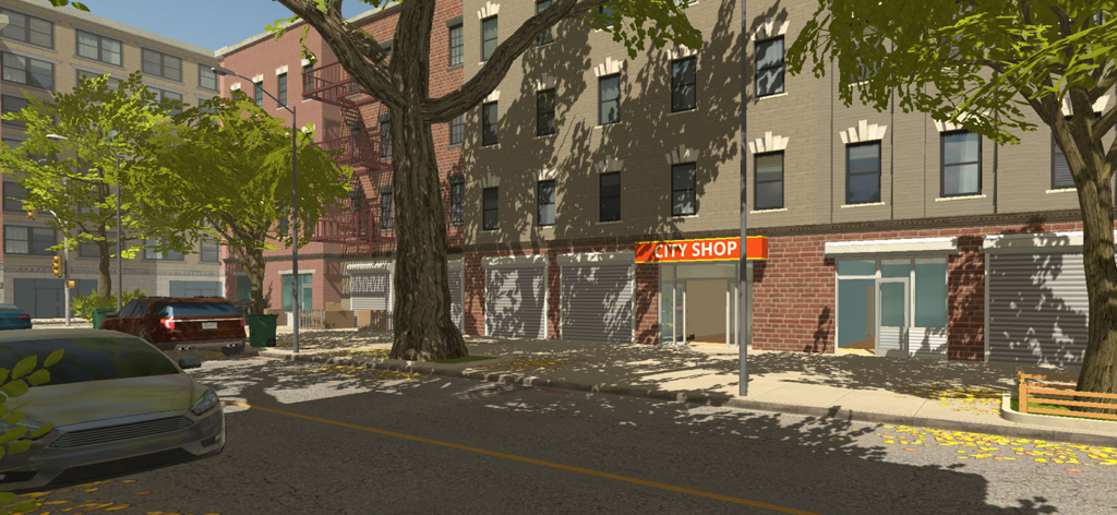 City Shop Simulator - City Shop Simulatorの晴れた都会の通りの小売店の外観