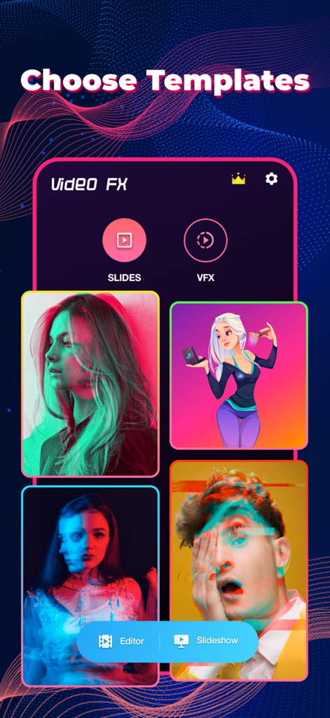 Vlog Star Maker app screen displaying artistic video editing templates and VFX options for content creators