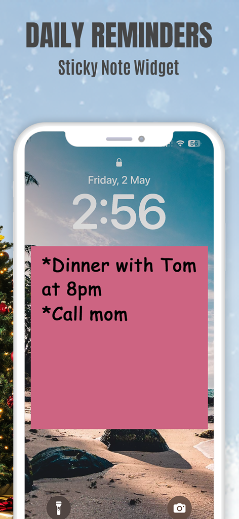 Sticky Notes App Remind Widget - An iPhone lock screen displaying a pink sticky note widget with daily reminders for dinner and calling mom.