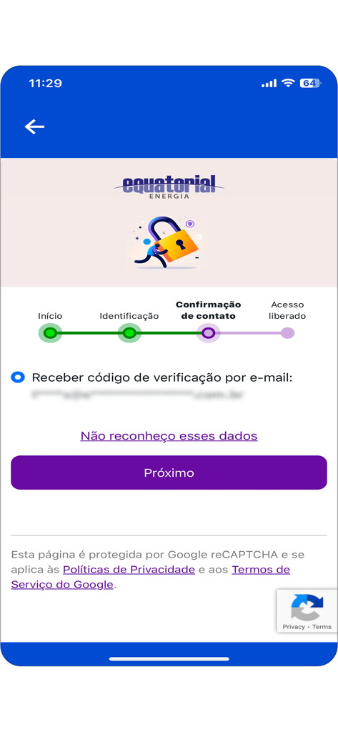 Equatorial Energia - ユーザーアクセス用の連絡先確認ステップを示すEquatorial Energiaアプリのセキュリティ確認画面