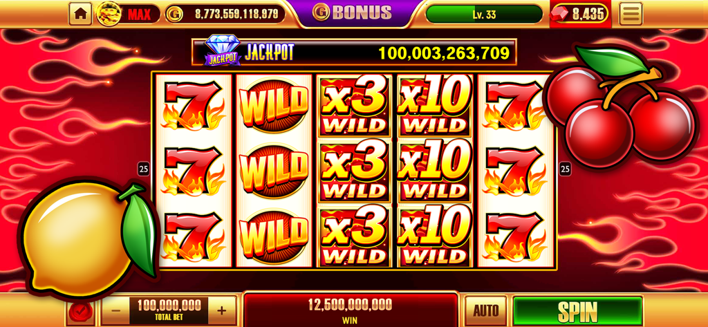 Máquina caça-níqueis clássica estilo Vegas com setes em chamas e exibição de jackpot.