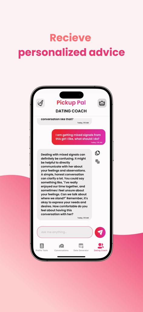 Pickup Pal AI app screenshot showing the Dating Coach feature providing personalized relationship advice
