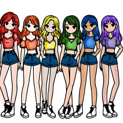 a group of girls wearing crop tops and shorts