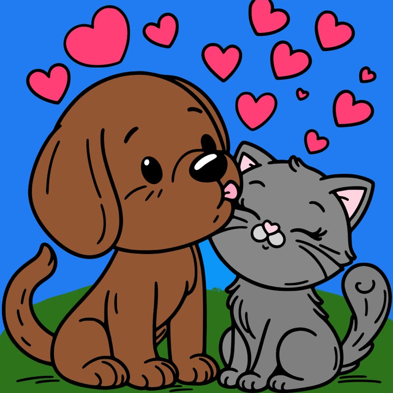 dog kissing cat with hearts