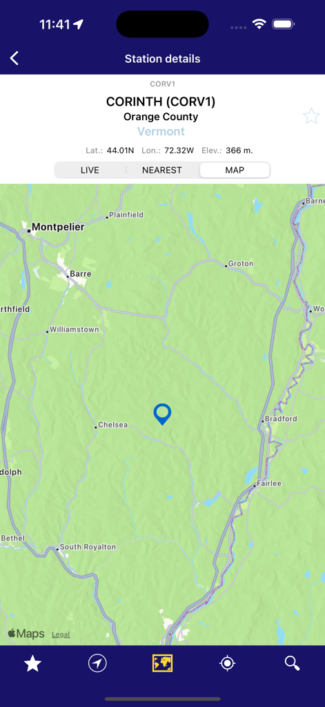 NOAA Snow Live Weather - Mobile app screen displaying snow station details and location on a map for Corinth Vermont