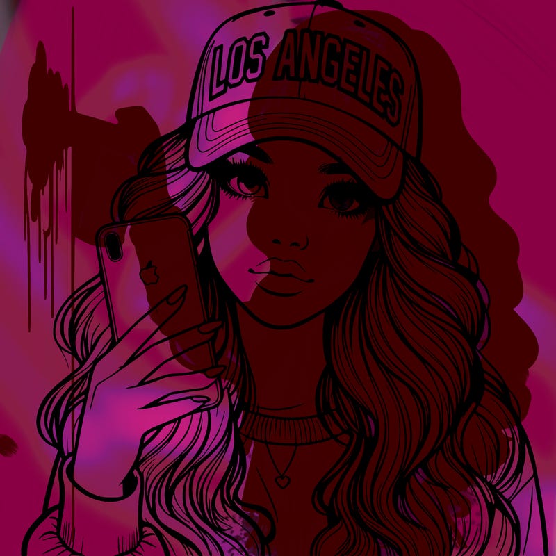 realistic beautiful girl wearing los ángeles cap holding an iphone