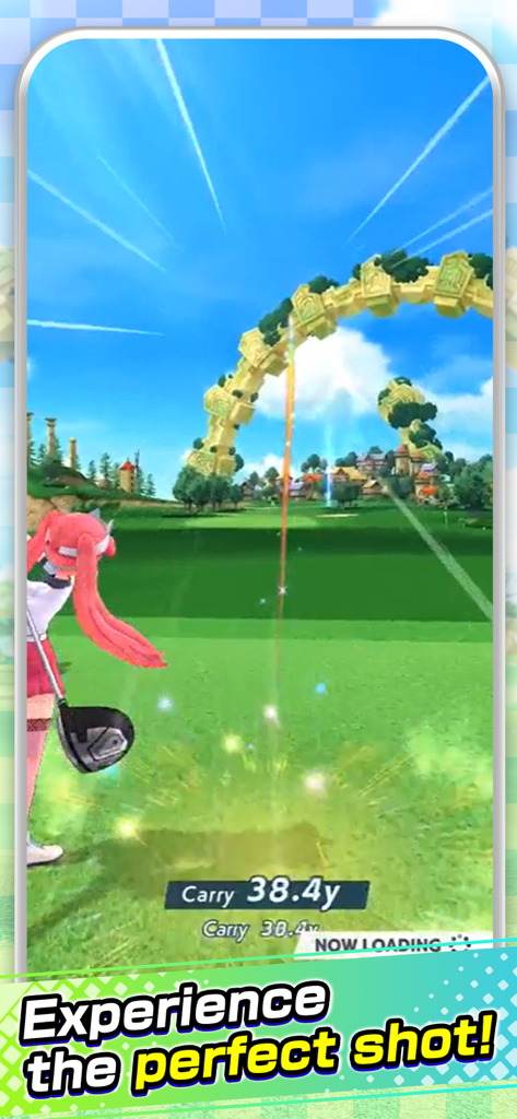 NEKO GOLF -Anime GOLF- - An anime girl character in Neko Golf hitting a shot on a vibrant fantasy golf course with a giant stone arch in the background