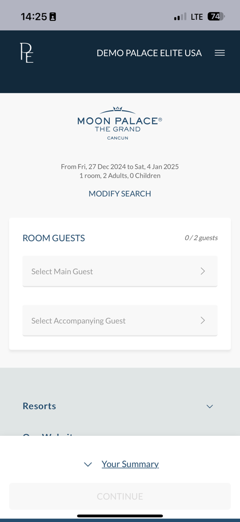 Palace Elite - Pantalla de selección de invitados en la aplicación Palace Elite para una estancia en Moon Palace The Grand Cancun.