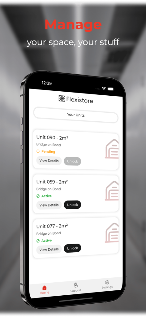 Flexistore app interface on a smartphone showing a list of rented storage units with digital unlock and view details options.