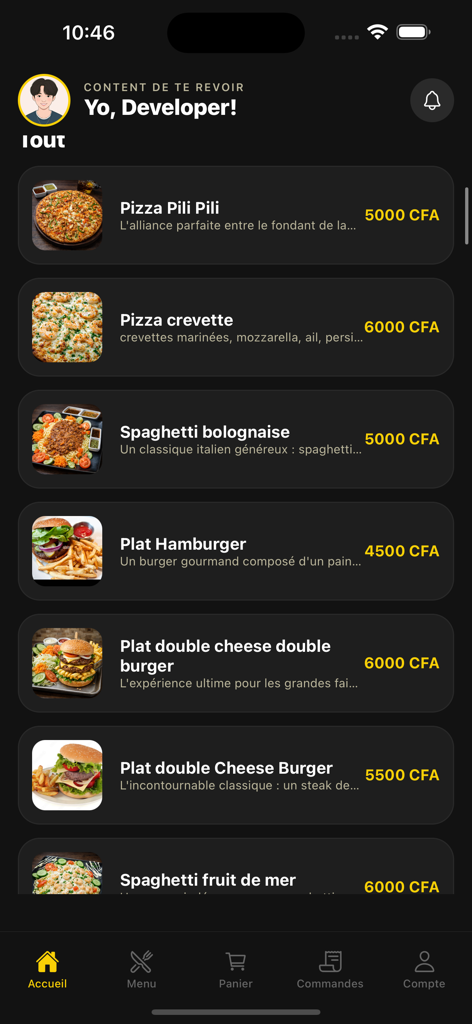 Shawarma House App Home-Bildschirm mit einer Liste von Speisen wie Pizza, Burger und Spaghetti mit Preisen