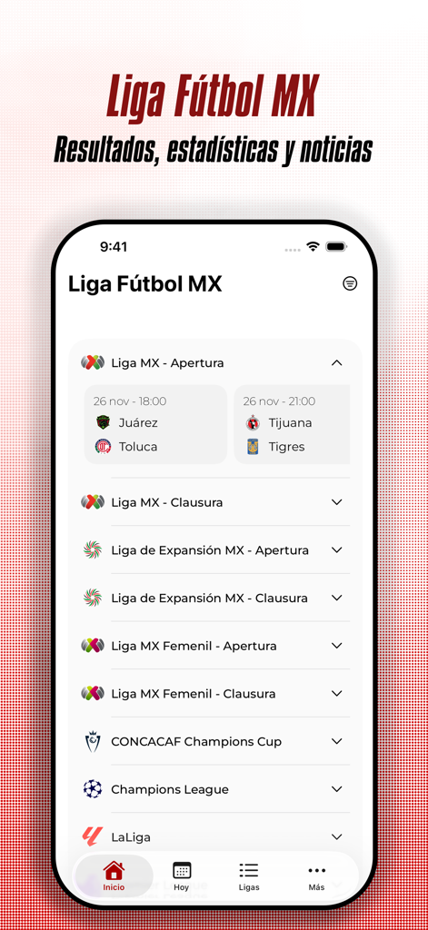 Interfaz de la aplicación Liga Futbol MX mostrando varias ligas de fútbol y horarios de próximos partidos