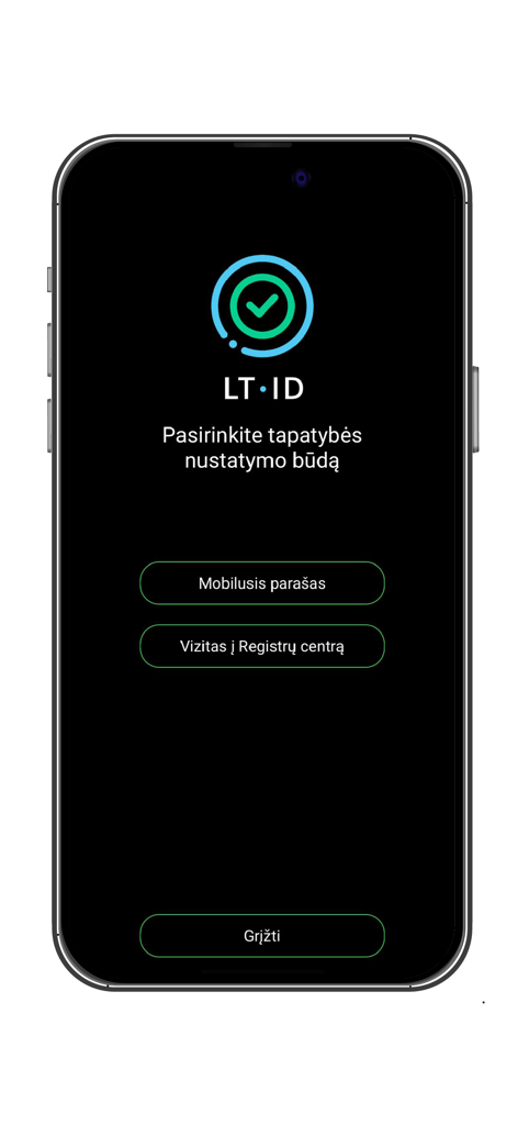 LT ID - Tela do aplicativo móvel LT ID para escolher um método de verificação de identidade