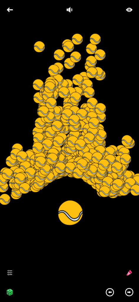 Relaxing Tangle - Relaxing Tangle 앱의 검은색 배경에서 노란색 구체를 이용한 인터랙티브 감각 놀이 화면