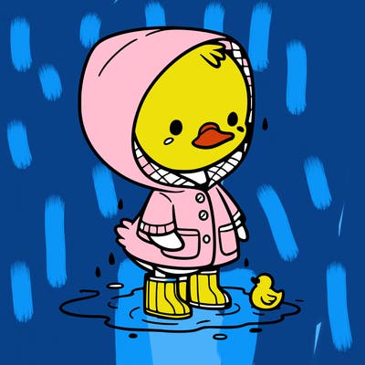 baby duck in a rain coat and boots, in a puddle while it’s raining