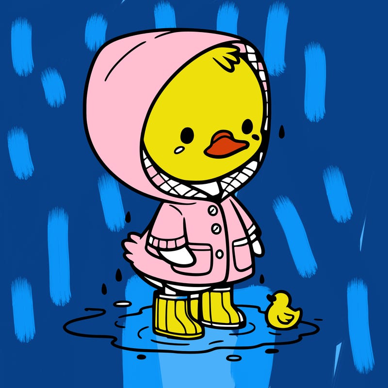 baby duck in a rain coat and boots, in a puddle while it’s raining