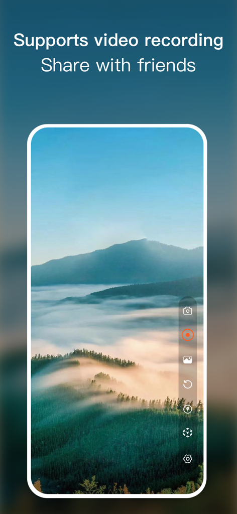 AR Compass 3D - Interface de l'application mobile AR Compass 3D présentant la fonction d'enregistrement et de partage vidéo sur un paysage montagneux pittoresque