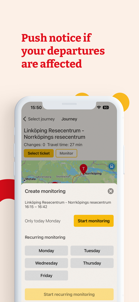 Östgötatrafiken - Interfaz de la aplicación Ostgotatrafiken que muestra la configuración de monitorización de viajes y las notificaciones push para viajes en Suecia.