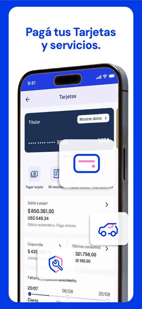 Interfaz de la aplicación móvil que muestra el saldo de la tarjeta de crédito y las opciones de pago en la Nueva App Macro