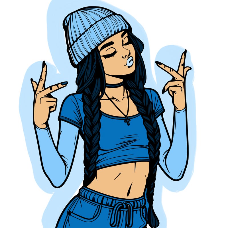 realistic teenage girl with braids and a beanie and crop top doing 🫶🏼