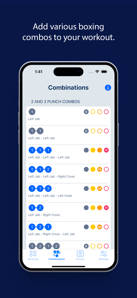 Boxing Coach Workout Timer - A screen displaying various boxing punch combinations for training sessions