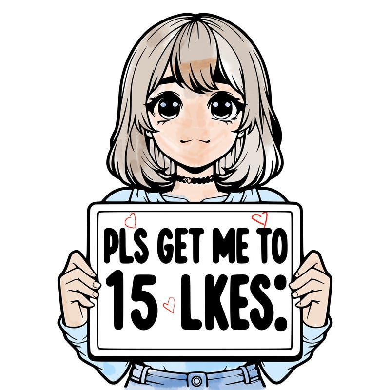 realistic girl holding up a sign that says “pls get me to 15 likes!”