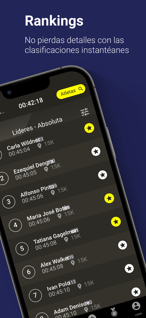 Clasificaciones de atletas en tiempo real y visualización de la tabla de líderes en la aplicación RaceChip Aragon Live