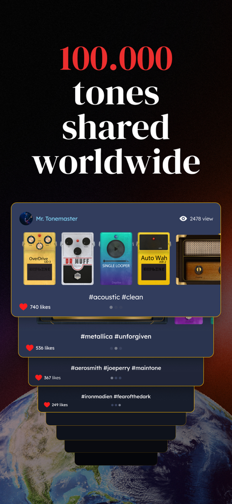 Guitar Amps, Effects, Pedals - Deplike app screen showing 100,000 shared guitar tones and virtual pedalboard presets with social engagement metrics