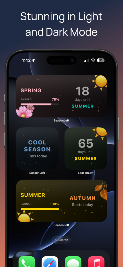 Tela inicial do iPhone mostrando widgets estéticos de contagem regressiva sazonal no modo escuro