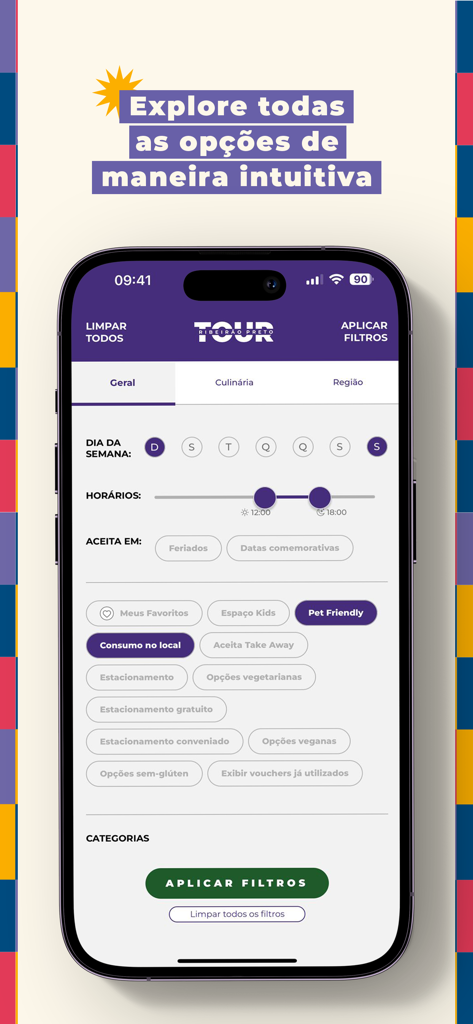 Tour Ribeirão Preto - Tela de filtro do aplicativo Tour Ribeirão Preto mostrando opções para pesquisar restaurantes por dia, hora e comodidades como aceita animais de estimação ou vegetariano.