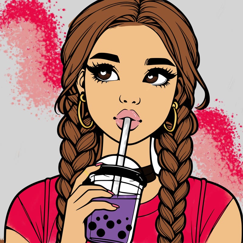 realistic girl with braided hair drinking boba
