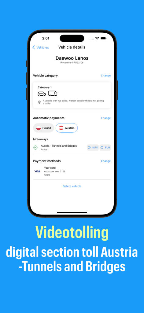 Autopay. Vignettes, motorway - Smartphone screen showing Autopay app settings for Austria tunnel and bridge tolls.