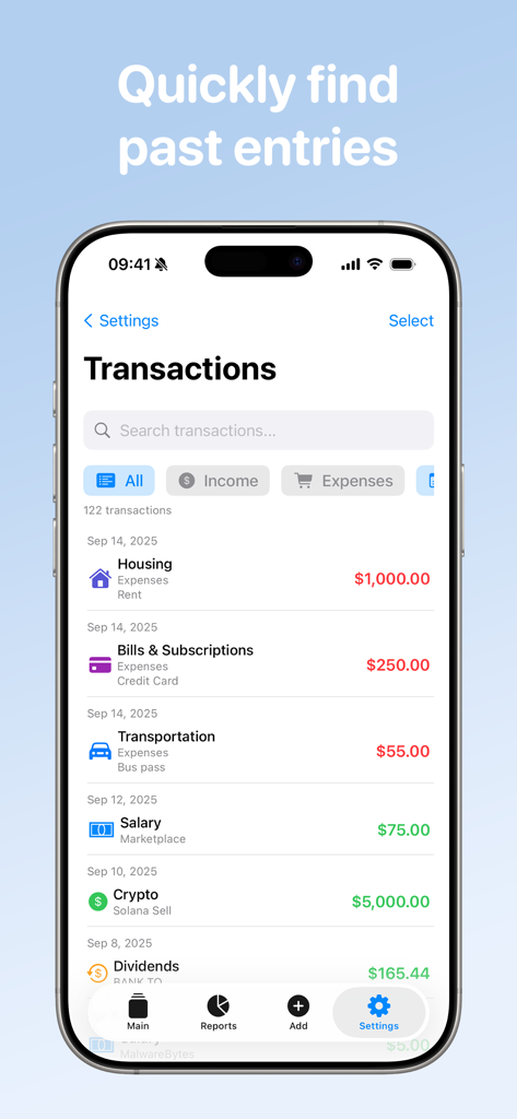 Écran montrant une liste de transactions financières avec des fonctionnalités de recherche et de filtrage dans l'application Cash Count