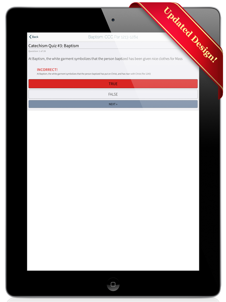 CCCSeries1HD - A True or False quiz question about Baptism on an iPad with feedback for an incorrect answer.