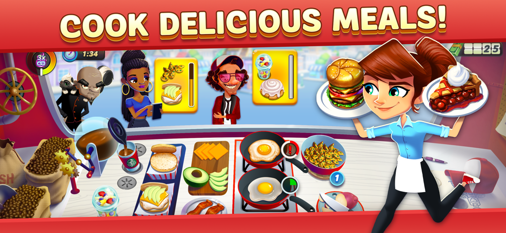 Flo serving a burger and cherry pie in a busy restaurant level of Diner DASH Adventures.