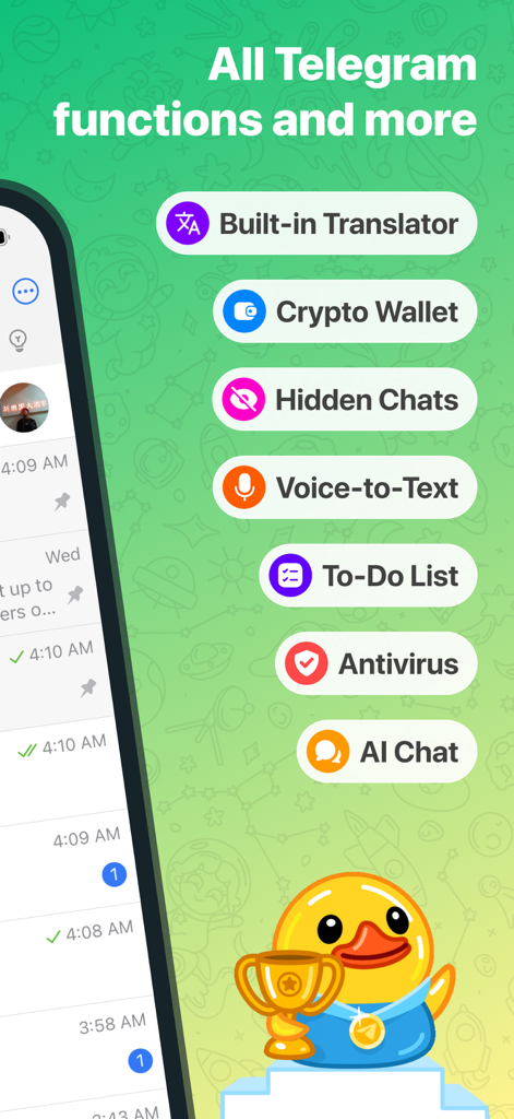 iMe: AI Messenger for Telegram - A list of iMe app features including built-in translator, crypto wallet, hidden chats, and AI chat with a cartoon duck mascot.