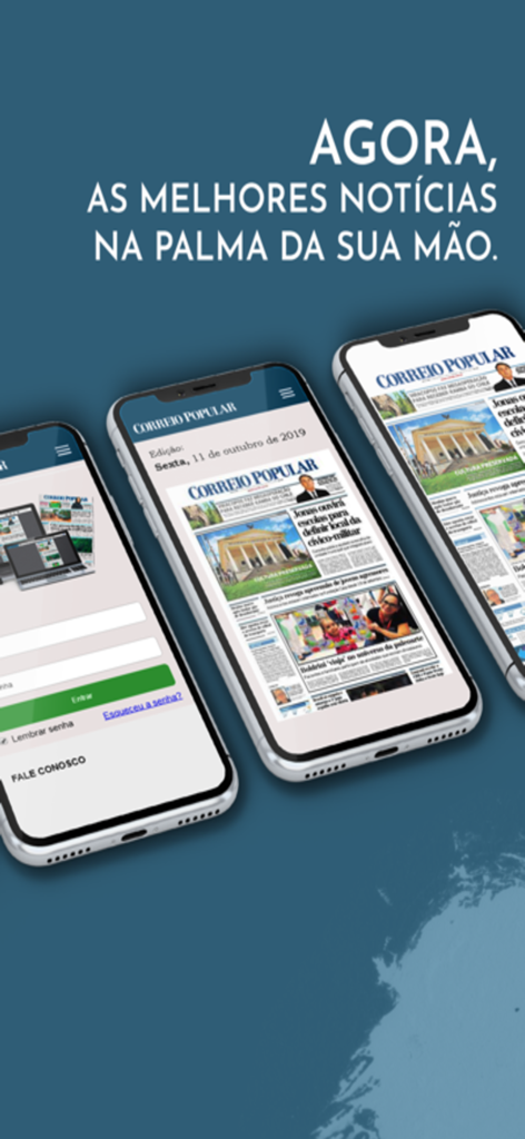 Correio Popular Digital - Tres teléfonos inteligentes que muestran el diseño del periódico digital de Correio Popular