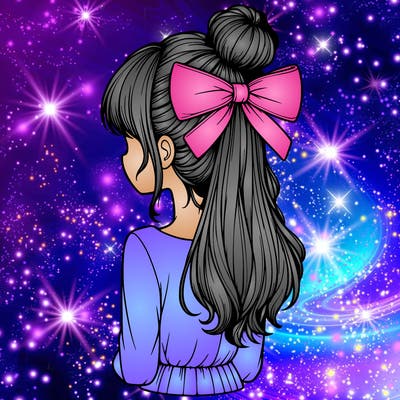realistic girl  with hip length hair a bun and a big bow on the back of head