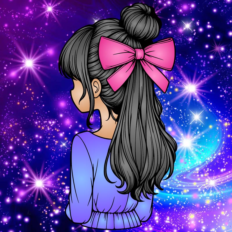 realistic girl  with hip length hair a bun and a big bow on the back of head