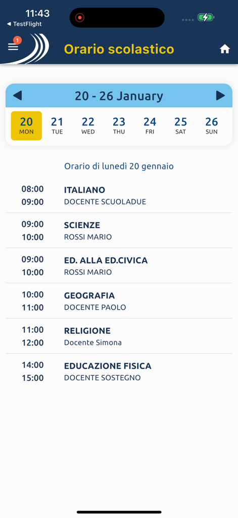 MasterCom Famiglie 2.0 - Mobile App-Oberfläche, die den wöchentlichen Stundenplan eines Schülers mit Klassennamen und -zeiten anzeigt