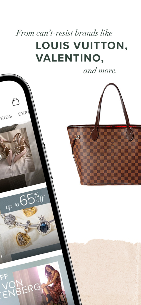 Rue La La App-Oberfläche hebt Designermarken wie Louis Vuitton und Valentino mit Luxusmode-Angeboten hervor