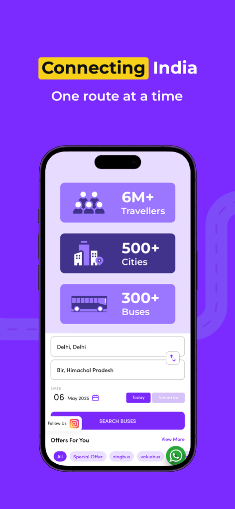 zingbus:Book Bus Ticket Online - Interfaccia dell'app Zingbus che mostra la ricerca di prenotazioni di autobus e statistiche di viaggio