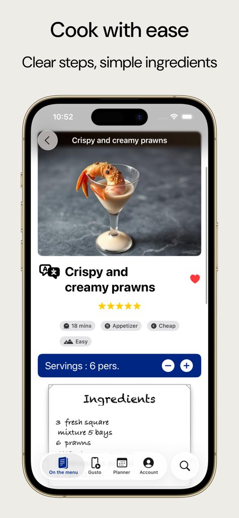 Foodix - Easy Recipes - Foodix app screen showing a prawn recipe with ingredients and preparation details
