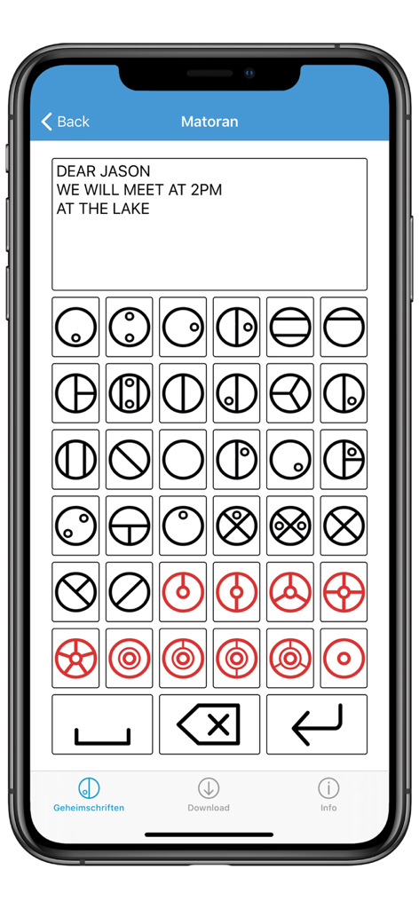 Cipher - Cipher app interface showing text being encoded into Matoran circle symbols