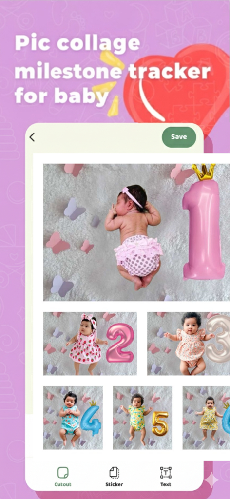 Baby AI Photo Editor LittleCam - Uma colagem de fotos de bebês mostrando marcos de crescimento mensais, de um a seis meses.