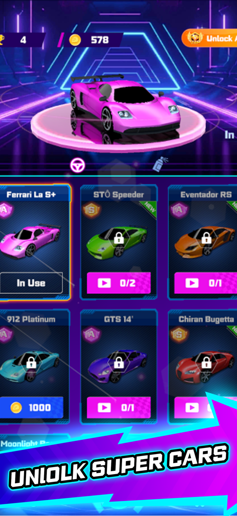 Rhythm Racer Music Go - In-game screen showing a collection of unlockable supercars with a neon aesthetic in Rhythm Racer Music Go.