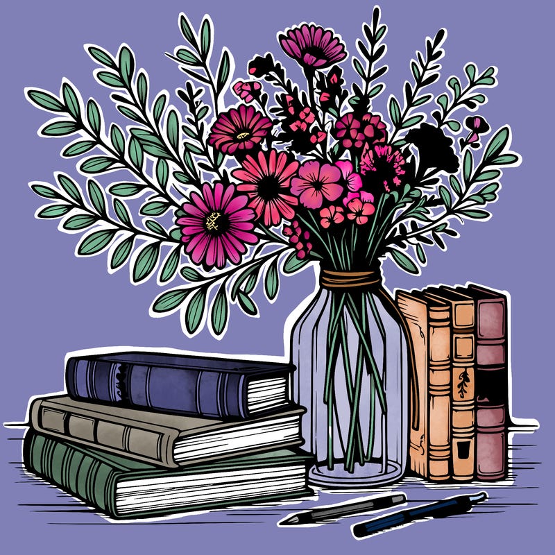 rustic books and vase full of beautiful flowers realistic