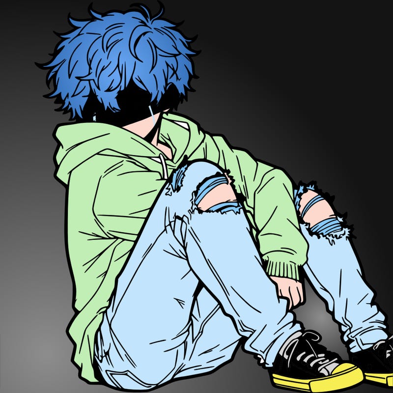 a male hoddie ripped jeans messy hair anime