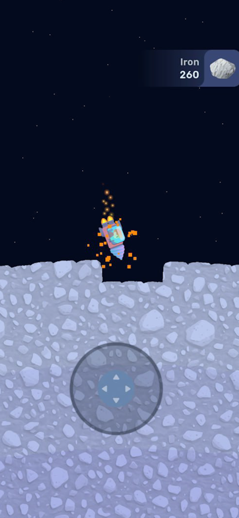 Planet Crusher: Mine & Attack - A spaceship drilling into a rocky planet surface to mine iron resources in Planet Crusher.