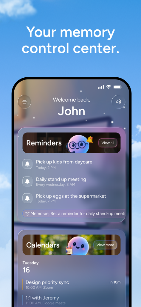 Memorae - A smartphone screen showing the Memorae app interface titled Your memory control center with daily reminders and calendar events